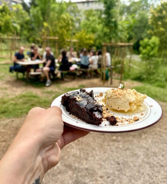 Au jardin du Tiers-Lab des Transitions à Marseille, le Café Comète propose chaque jour une cuisine végétarienne, botanique et anti-gaspi, à savourer. (dessert)